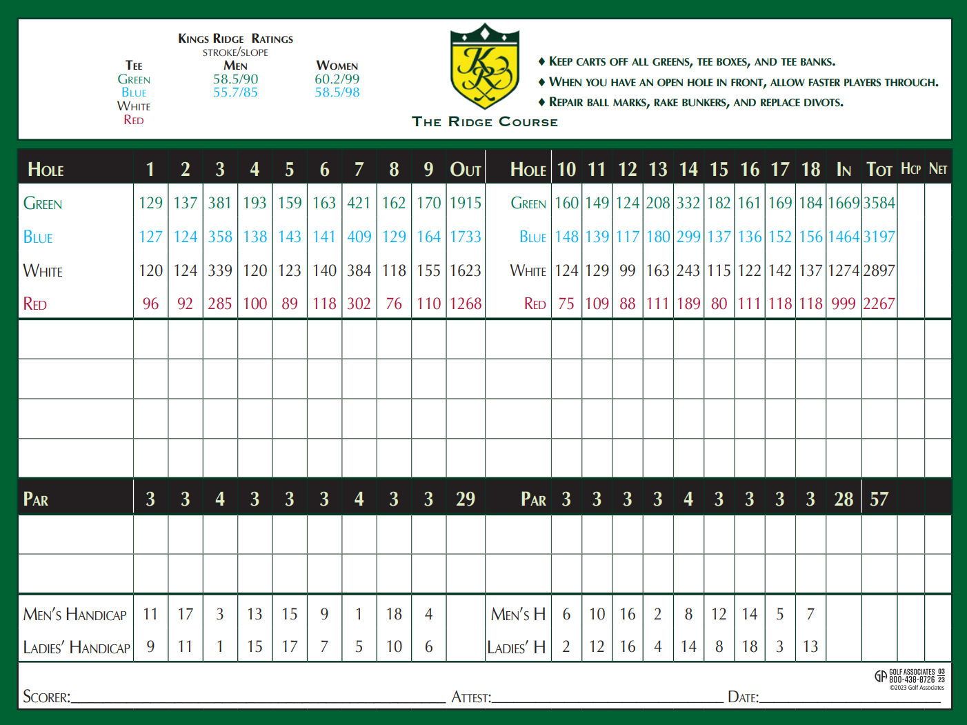 Ridge Course Scorecard Kings Ridge Golf Club Kings Course